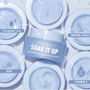 Soak It Up Hydrating Mask jar tilted amid open pots of pale blue cream, showcasing a ColourPop Face Mask by Fourth Ray Beauty; callouts highlight hyaluronic acid, aloe, marine algae, and vitamin E for dewy, hydrating skincare.