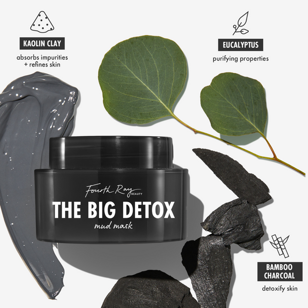 Black jar of Fourth Ray Beauty The Big Detox Mud Mask, a ColourPop Face Mask, centered with a glossy gray kaolin clay smear, eucalyptus leaves, and bamboo charcoal pieces, highlighting purifying, pore‑refining detox treatment for facial skin.