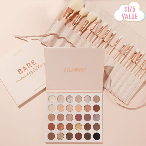 Doin’ the Most ColourPop Shadow Palette & Brush Set featuring the Bare Necessities 30‑pan neutral palette open with matte and shimmer nudes to deep browns, paired with a blush brush roll of white, rose‑gold brushes on a soft pink background with $175 value badge.