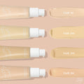ColourPop Pretty Fresh Tinted Moisturizer, shade Fair 1 N, swatched as a light neutral beige, shown with pump bottles and comparison swatches labeled Fair 2W, Fair 3W, and Fair 4N on a nude backdrop; hydrating hyaluronic acid formula.