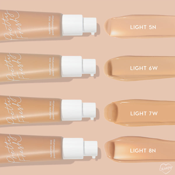 ColourPop Pretty Fresh Tinted Moisturizer Light 5N showcases a pump bottle and creamy neutral‑beige swatch, arranged beside Light 6W, Light 7W, and Light 8N on a peach background, highlighting the hyaluronic acid formula in white‑pump bottles.