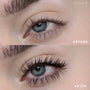 Lashes transforming - after frame shows longer, thicker, jet‑black lashes versus natural before - achieved with ColourPop BFF Mascara in Black on Black, illustrating dramatic length, volume, and curl in a close-up eye comparison.