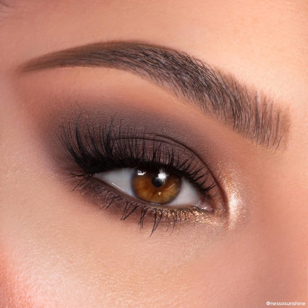 Smoky brown eye showcasing ColourPop Wild Child Shadow Palette, blending matte cocoa and taupe with bronze shimmer at the inner corner, paired with full lashes and a defined brow in a studio close-up for wearable neutral glam.