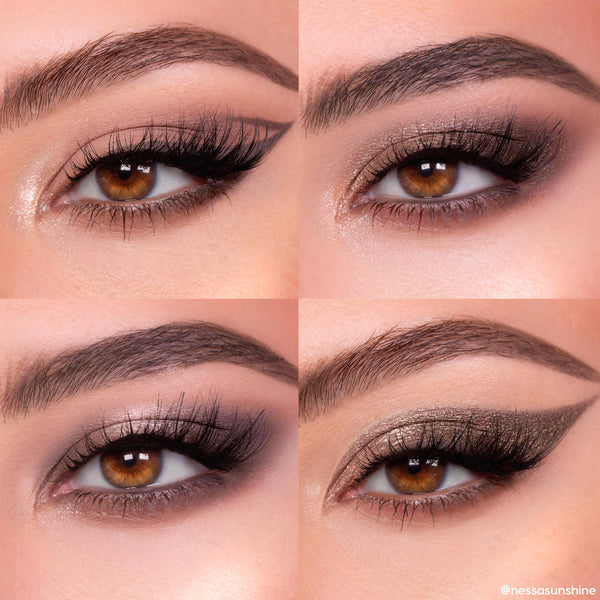 Four close-ups of brown eyes showcasing taupe smoky looks created with That’s Taupe ColourPop Shadow Palette; matte and shimmer neutrals blended with winged liner, glitter cut-crease, and inner-corner highlight, arranged in a clean quad collage.
