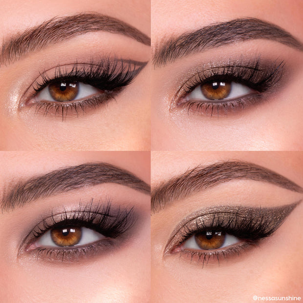 Four close-ups of brown eyes showcasing taupe smoky looks created with That’s Taupe ColourPop Shadow Palette; matte and shimmer neutrals blended with winged liner, glitter cut-crease, and inner-corner highlight, arranged in a clean quad collage.
