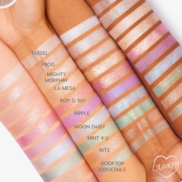 Mint 4 U ColourPop Super Shock Shadow swatches across multiple skin tones, flashing a pastel mint green shimmer with silver sparkle; shown alongside other shades to show payoff and creamy texture.