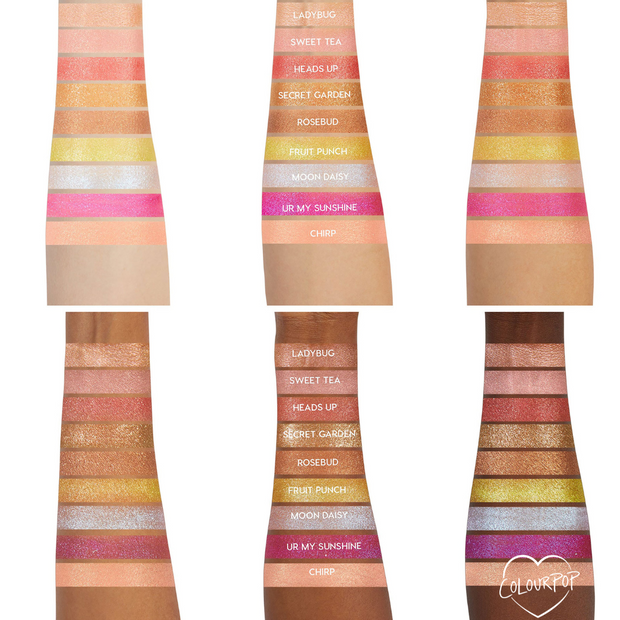 ColourPop Sweet Tea Super Shock Shadow swatch shown as a labeled stripe on light, medium, and deep arms, displayed with other shades in a grid; shimmery peach tone stands out, with ColourPop heart logo in the corner.