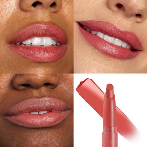 Topanga ColourPop Lippie Stix swiped on three models’ lips and shown with a bullet swatch; creamy warm rosy terracotta hue delivers full-coverage color, demonstrating payoff and finish in a collage on a white background.