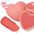 Heart-shaped compact showcases Let’s Dance, a warm coral pink matte ColourPop Pressed Powder Blush, opened to reveal the pan and inner mirror, with a matching closed lid and a bold swatch on a white background featuring a pink “Cult Fave” badge.