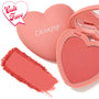 Heart-shaped compact showcases Let’s Dance, a warm coral pink matte ColourPop Pressed Powder Blush, opened to reveal the pan and inner mirror, with a matching closed lid and a bold swatch on a white background featuring a pink “Cult Fave” badge.
