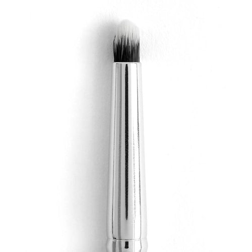 ColourPop Small Pencil Brush showcasing a tapered, dense black-to-white bristle tip for smudging eyeliner and precise eyeshadow detail, standing upright with a shiny silver handle against a clean white background.