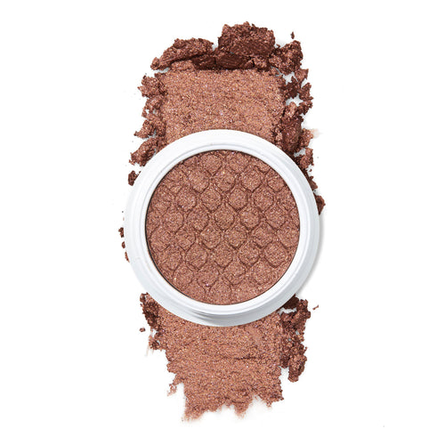 ColourPop Deep Dive Super Shock Shadow, a metallic bronze‑brown single eyeshadow in a white pot with a scale‑embossed surface, sits with crushed shimmer pigment swatched above and below on a white background, showcasing its ultra‑glitter finish.