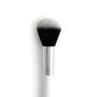 Large Powder Brush poised to sweep loose or pressed powder across the face, with a rounded dome of dense black-to-white bristles, a polished silver ferrule, and a white handle; ColourPop makeup brush on a clean white background.