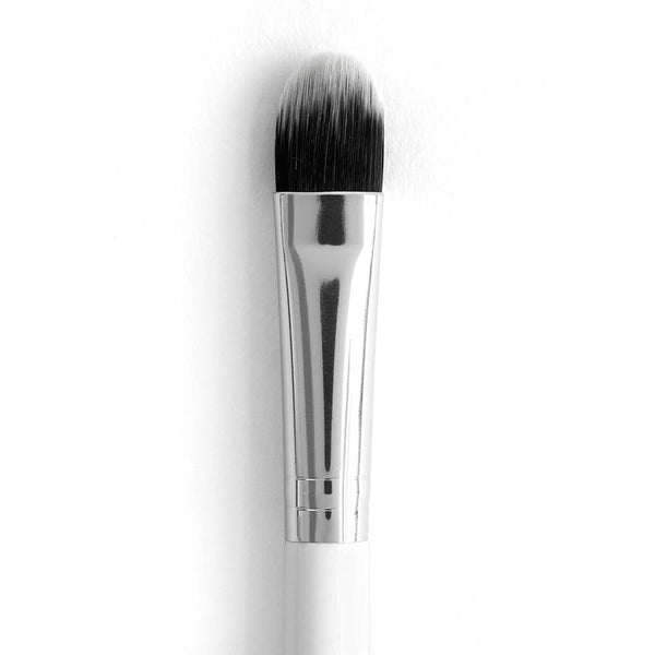 ColourPop Medium Shader Brush applies and blends eyeshadow with a rounded, dense synthetic head, chrome ferrule, and glossy white handle, shown in close-up on a clean white background.