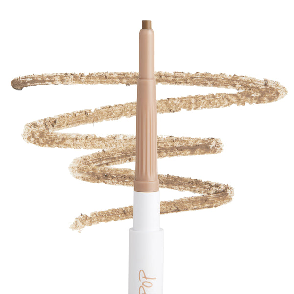 ColourPop Champagne Blonde Pencil brow pencil twisting up to reveal a fine tip, drawing soft champagne-blonde swatches on a white background to showcase the creamy, smudge-resistant shade for shaping and filling light brows.