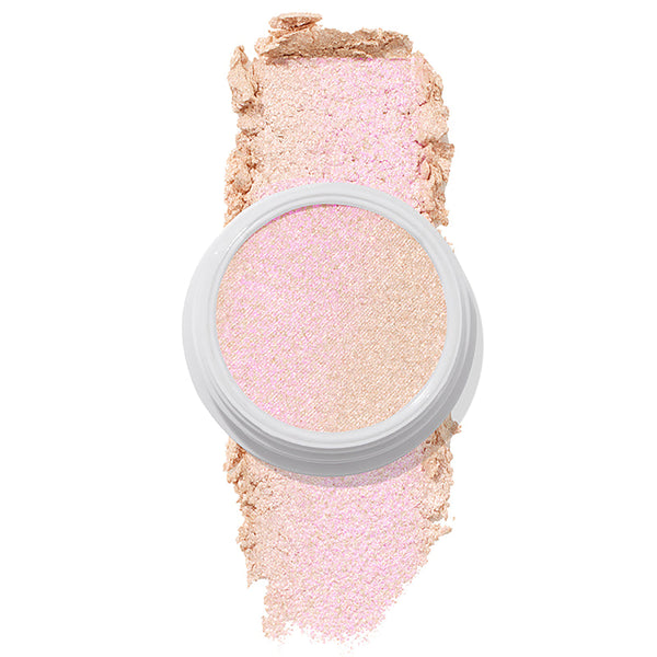 ColourPop Felicity Super Shock Highlighter displays a champagne, pink-shift shade in a white pot, the cream-to-powder formula catching light over a matching soft swatch on a clean white background.