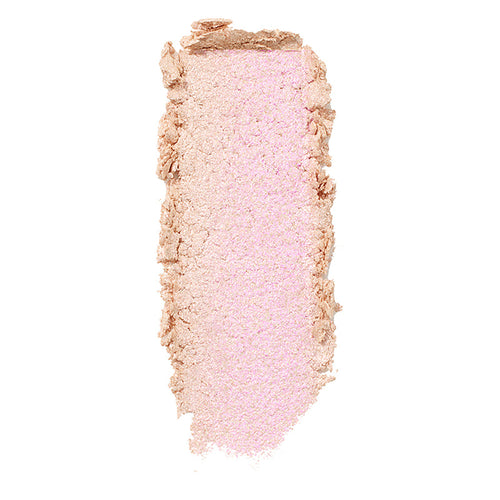 ColourPop Felicity Super Shock Highlighter swatched in a vertical swipe, a soft champagne‑pink luminizer with pearly iridescence and a subtle gold shift, shown on a clean white background.