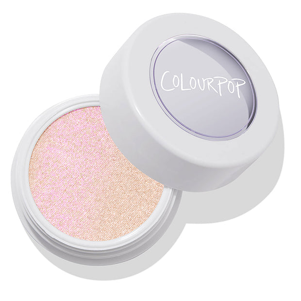 ColourPop Felicity Super Shock Highlighter shown open, revealing a shimmering pink‑champagne pan in a round white pot with a clear window lid on a white background, ideal for luminous cheek and brow highlighting.