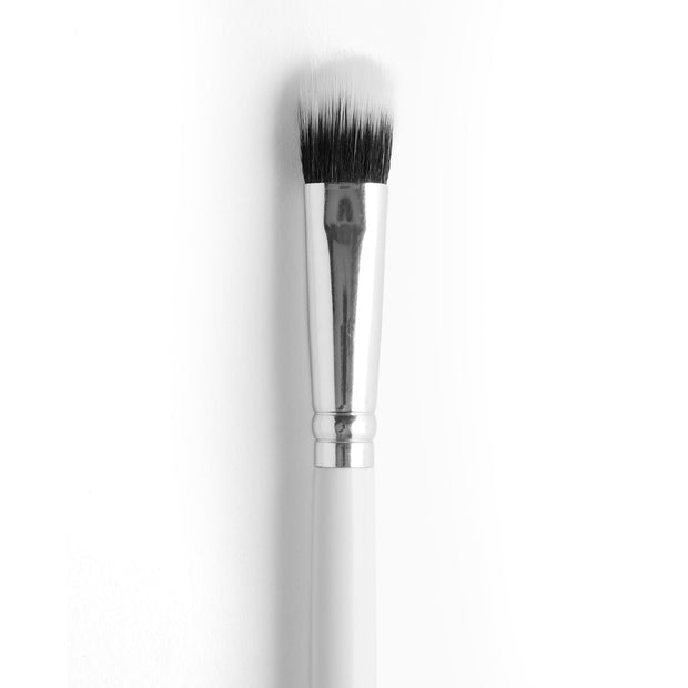 ColourPop Mini Duo Fiber Face Brush makeup brush shown upright, black-to-white synthetic bristles with a polished silver ferrule and white handle, close-up on a clean white background.