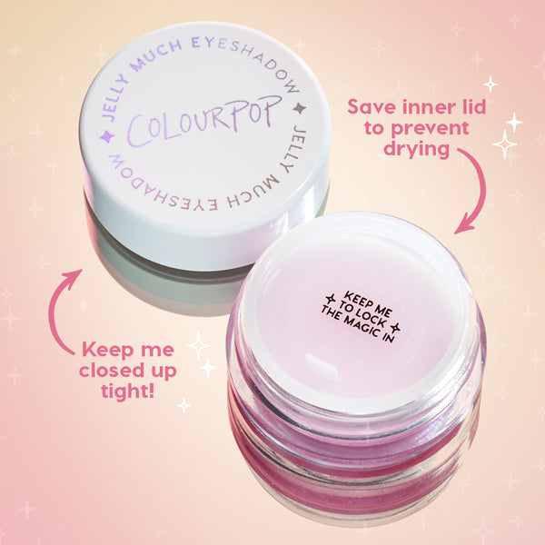 ColourPop Jelly Much Shadow in No Rest For The Vivid, open jar revealing iridescent lavender-pink gel and removable inner seal beside a white screw-top lid; arrows advise keeping it closed tight and saving the inner lid to prevent drying on a pink gradient backdrop.