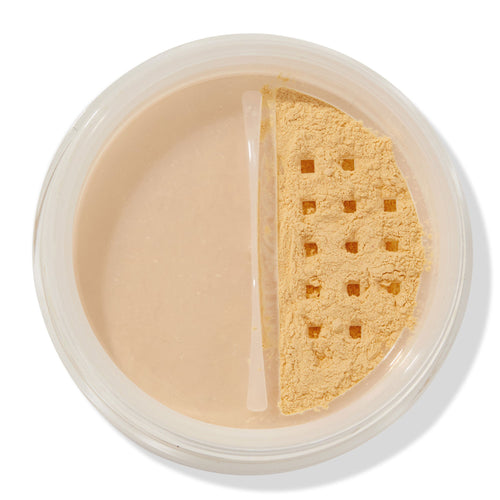 ColourPop No Filter Loose Setting Powder in Banana shown open, yellow-toned powder visible through a square-holed sifter in a clear round jar on a white background, used for brightening and setting makeup.