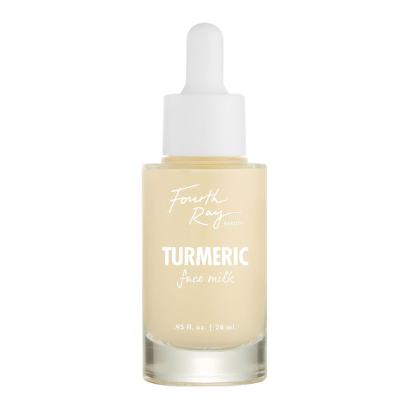 Glass dropper bottle showcases Fourth Ray Beauty Turmeric Face Milk, a pale yellow 0.95 fl oz (28 ml) hydrating serum, standing against a white background, part of the ColourPop Face Milk collection.