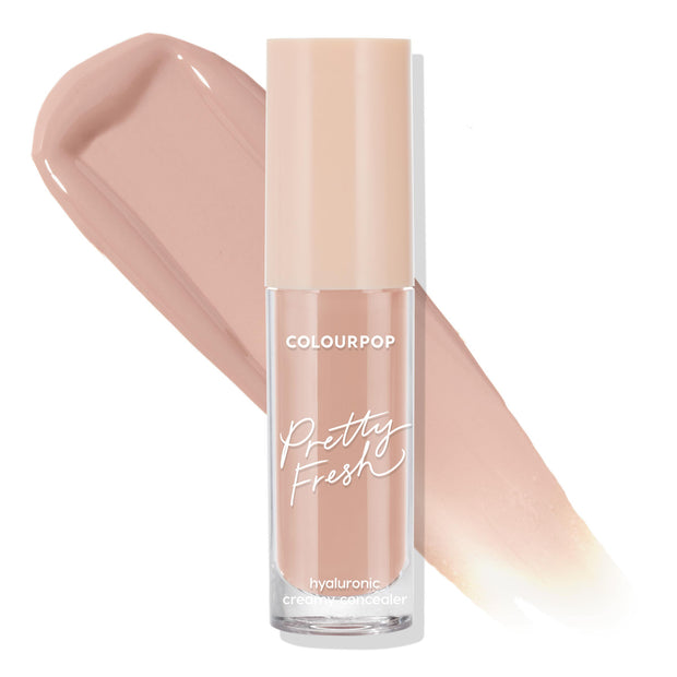 ColourPop Pretty Fresh Creamy Concealer in Medium 83 C stands upright with a large soft beige swatch behind it, showcasing the creamy hyaluronic formula and shade on a clean white background.