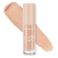 ColourPop Pretty Fresh Creamy Concealer in Medium 105 N stands upright, its frosted clear tube with blush cap and white script logo set before a smooth warm neutral beige swatch, highlighting the hyaluronic creamy formula on a white background.