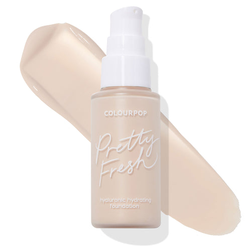 ColourPop Hyaluronic Hydrating Foundation, Pretty Fresh shade Fair 03 C, shown in a frosted pump bottle with white cap, standing over a cool fair beige swatch on a white background.