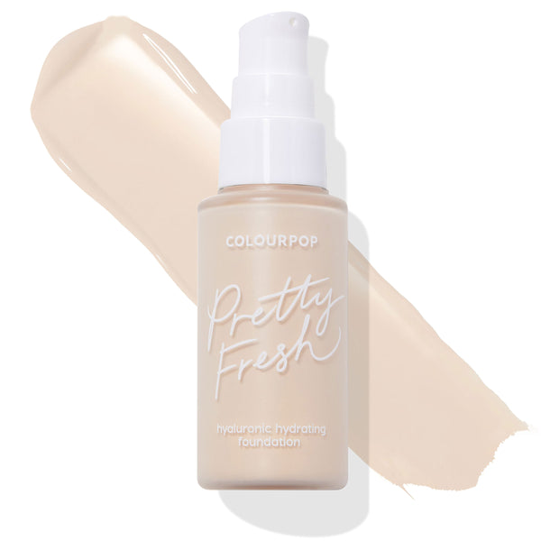 Pump bottle of ColourPop Hyaluronic Hydrating Foundation, Pretty Fresh shade Fair 05 W, standing before a creamy light-beige swatch on white; frosted bottle with white pump and script logo, showcasing the fair warm tone for dewy, hydrating coverage.