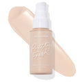 ColourPop Hyaluronic Hydrating Foundation (Pretty Fresh) in shade Fair 10 N stands upright in a frosted bottle with a white pump, with a creamy neutral swatch swept behind on a white background to show tone and coverage.