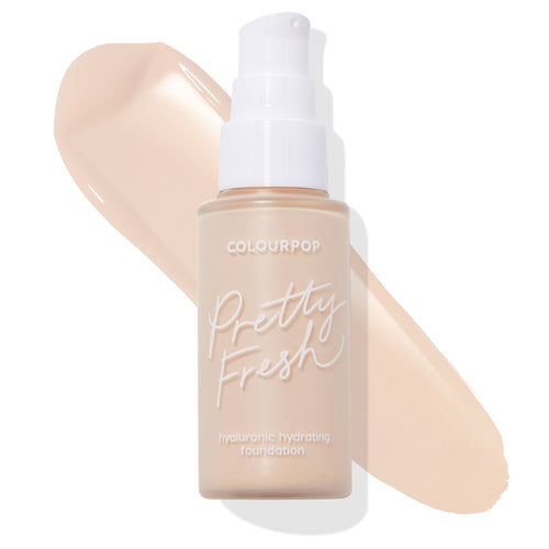 ColourPop Hyaluronic Hydrating Foundation (Pretty Fresh) in shade Fair 10 N stands upright in a frosted bottle with a white pump, with a creamy neutral swatch swept behind on a white background to show tone and coverage.