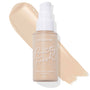 ColourPop Pretty Fresh Hyaluronic Hydrating Foundation bottle in shade Fair 15 W stands upright with a white pump and frosted finish, set over a creamy fair‑beige swatch on white; ColourPop Hyaluronic Hydrating Foundation.