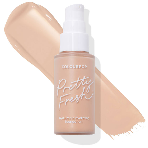 ColourPop Pretty Fresh Hyaluronic Hydrating Foundation bottle with white pump set over a wide swatch, showcasing Light 40 N, a neutral light beige shade; ColourPop Hyaluronic Hydrating Foundation for luminous, hydrating coverage.