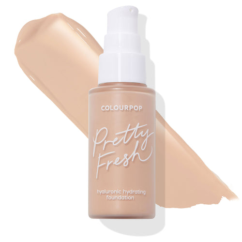 ColourPop Pretty Fresh Hyaluronic Hydrating Foundation bottle in shade Light 55 N standing with a white pump, set over a wide light‑neutral beige swatch on a white background; ColourPop Hyaluronic Hydrating Foundation for dewy coverage.