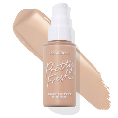 ColourPop Pretty Fresh Hyaluronic Hydrating Foundation in Light 60 N stands upright with a white pump on a white background, shown with a neutral light-beige swatch behind; ColourPop Hyaluronic Hydrating Foundation for hydrated, natural coverage.