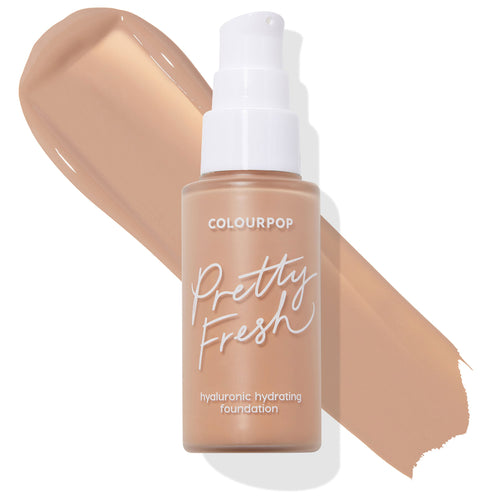 ColourPop Hyaluronic Hydrating Foundation Pretty Fresh bottle with white pump stands upright, showcasing the Medium 95 N neutral medium-tan shade in a wide swipe behind it on a clean white background.