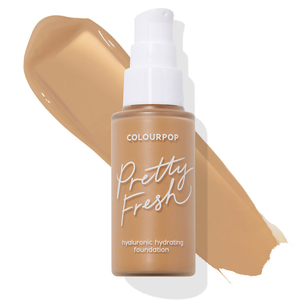 ColourPop Hyaluronic Hydrating Foundation in Medium Dark 120 W stands upright with a white pump and Pretty Fresh label, set over a warm tan swatch on a white background, showcasing the medium-dark warm shade.