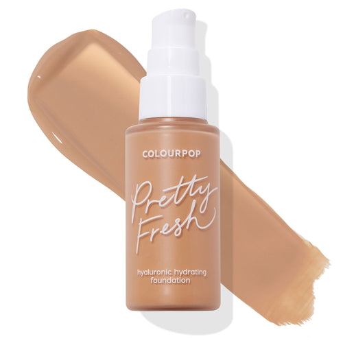 ColourPop Hyaluronic Hydrating Foundation Pretty Fresh in Medium Dark 130 N, pump bottle upright with white cap, displayed over a tan medium-dark neutral swatch on a white background.