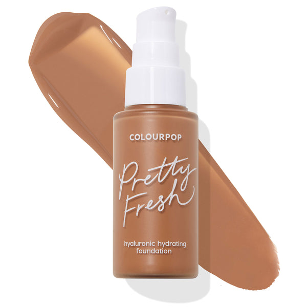 ColourPop Pretty Fresh Hyaluronic Hydrating Foundation bottle in shade Dark 170 N stands with a white pump, a warm neutral deep-brown swatch behind on a white background, showcasing ColourPop Hyaluronic Hydrating Foundation coverage.