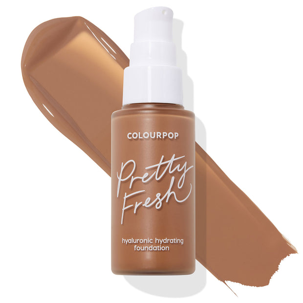 ColourPop Pretty Fresh Hyaluronic Hydrating Foundation bottle with white pump, shade Dark 173 N, standing over a wide deep neutral brown swatch on a white backdrop, showcasing the ColourPop Hyaluronic Hydrating Foundation.