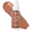 ColourPop Hyaluronic Hydrating Foundation Pretty Fresh in shade Dark 180 N, a deep neutral brown, shown upright in a frosted bottle with white pump and script logo, set over a wide swatch highlighting color and coverage.