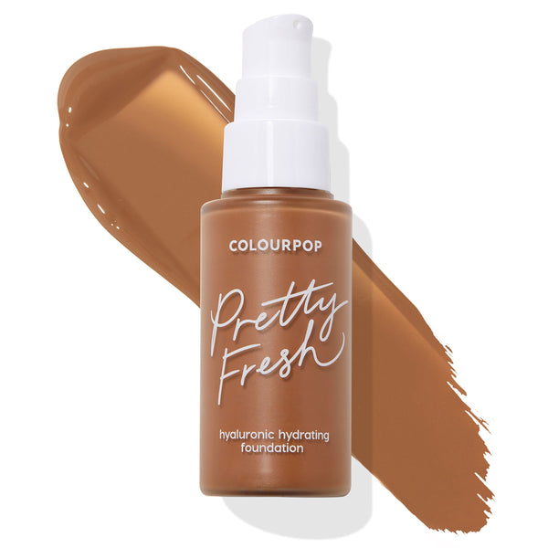 Pump bottle of ColourPop Hyaluronic Hydrating Foundation Pretty Fresh in shade Deep Dark 185 W set over a wide warm-brown swatch, showcasing the deep warm undertone on a clean white background.