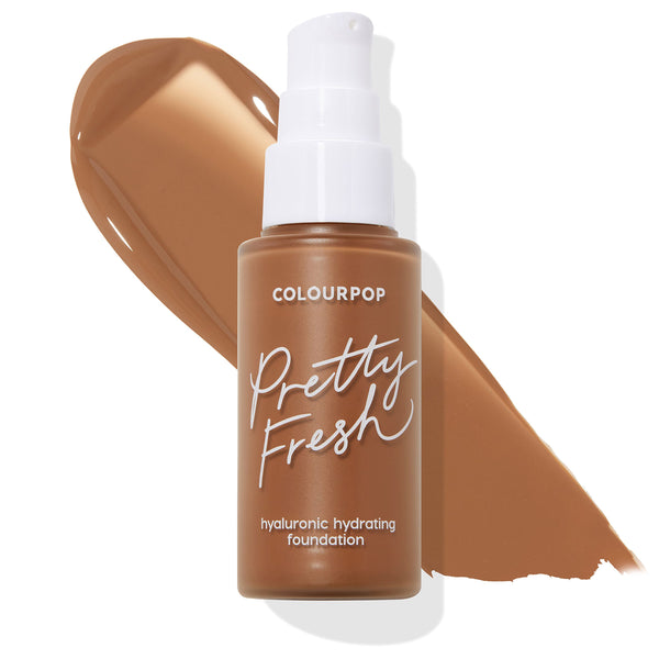 ColourPop Hyaluronic Hydrating Foundation Pretty Fresh in Deep Dark 190 W, shown in a frosted glass pump bottle with white dispenser set over a broad swatch of warm deep brown liquid on a clean white background.