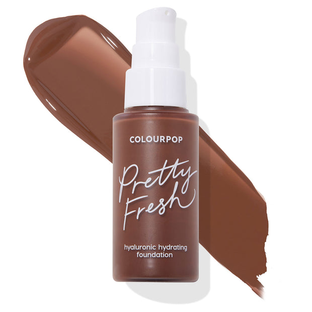 ColourPop Hyaluronic Hydrating Foundation Pretty Fresh in Deep Dark 213 C, pump bottle standing with logo visible, paired with a large deep cocoa swatch behind on a white studio background.