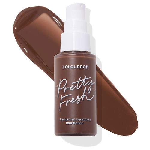 ColourPop Hyaluronic Hydrating Foundation bottle, Pretty Fresh shade Deep Dark 215 N, standing with white pump and frosted brown finish, shown with a rich deep-brown swatch behind on a clean white background.