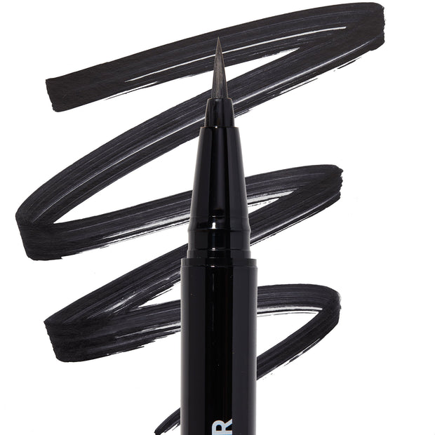 ColourPop BFF Liquid Liner in Black, brush-tip pen creating bold, opaque strokes, shown with a fine pointed tip making sweeping black swatches on a white background.