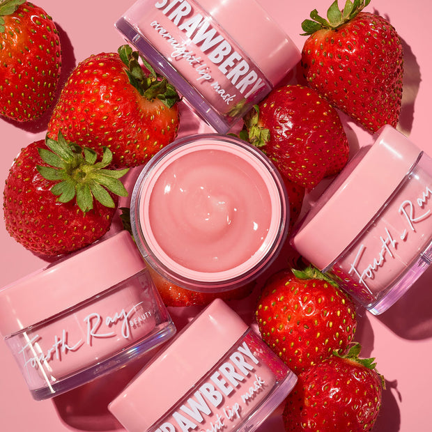 ColourPop Fourth Ray Beauty Strawberry Lip Mask, an open jar of creamy pink balm centered among four closed jars and fresh strawberries on a soft pink background, showcasing the overnight lip mask packaging and berry-inspired shade.