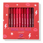 Ten ColourPop Lippie Pencil liners line up in the red Bring The Heat box, showing shades from pink and coral to crimson and burgundy; kiss, star, and lightning graphics decorate the packaging. 10-piece lip liner set, net wt 10 x 1.0 g (0.035 oz).