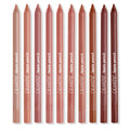 ColourPop Truth or Bare Lippie Pencil kit standing upright in a neat row, ten lip liner pencils in nude, pink, mauve, terracotta, and brown tones on a white background, with ColourPop “lippie pencil” branding visible.